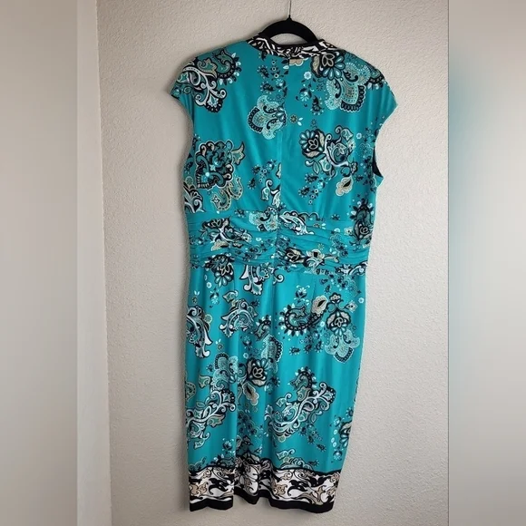 Liz Claiborne Turquoise Paisley V-Neck Dress with Layered Waist Women's Size 16 - Picture 2 of 6